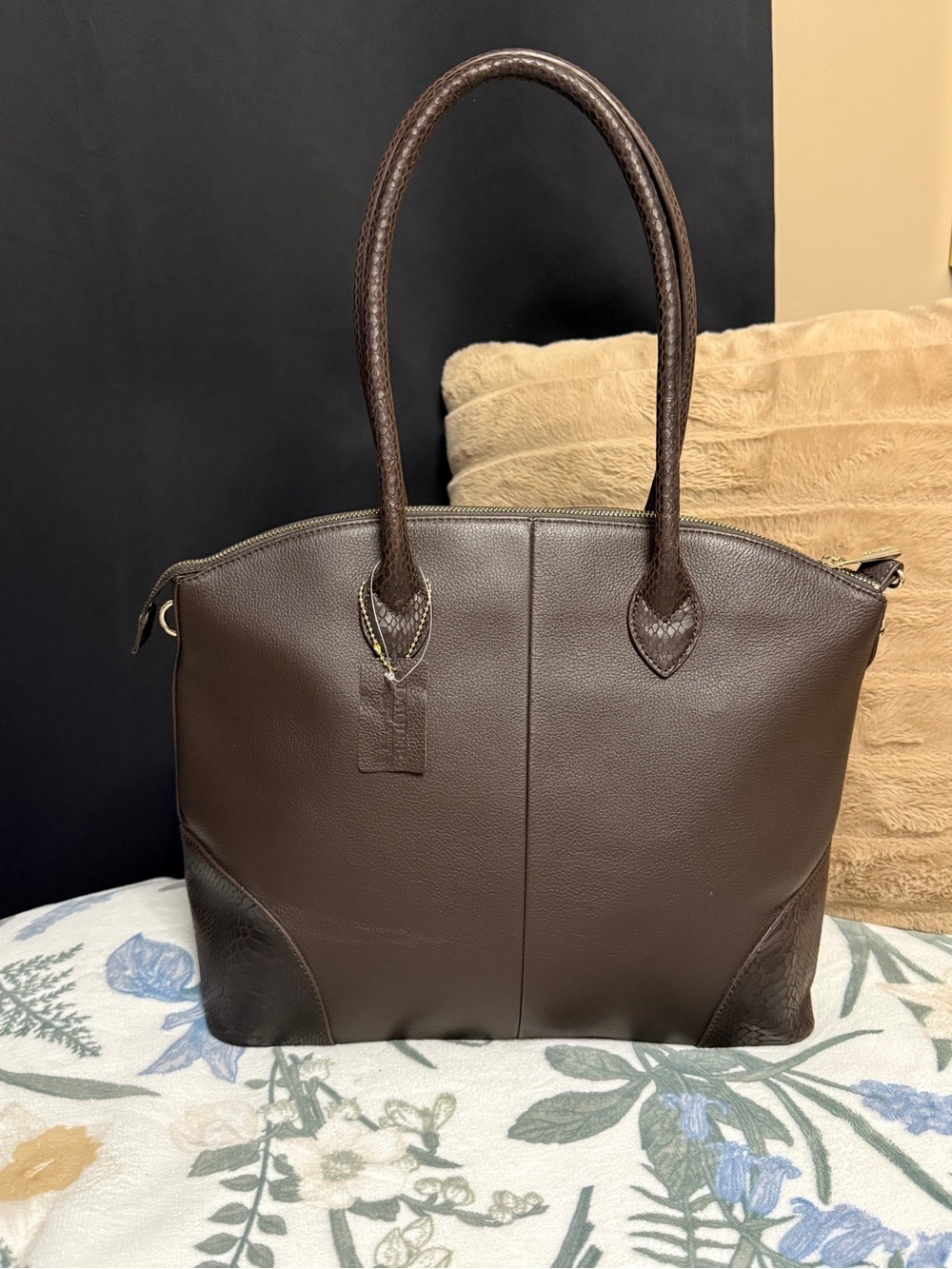 DANIER Brown Leather Carryall Tote Bag | Snake Print Trim + Crossbody Strap